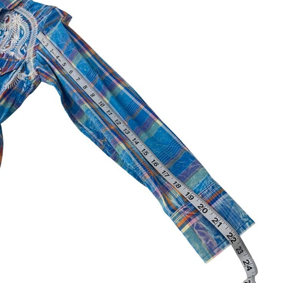 Rock & Roll Cowgirl Blue Plaid Western Snap Button Shirt SZ M Embroidered - Picture 7 of 13